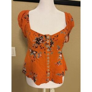 Free People Close To You Orange Floral Blouse, Peasant Style, Medium , Crop